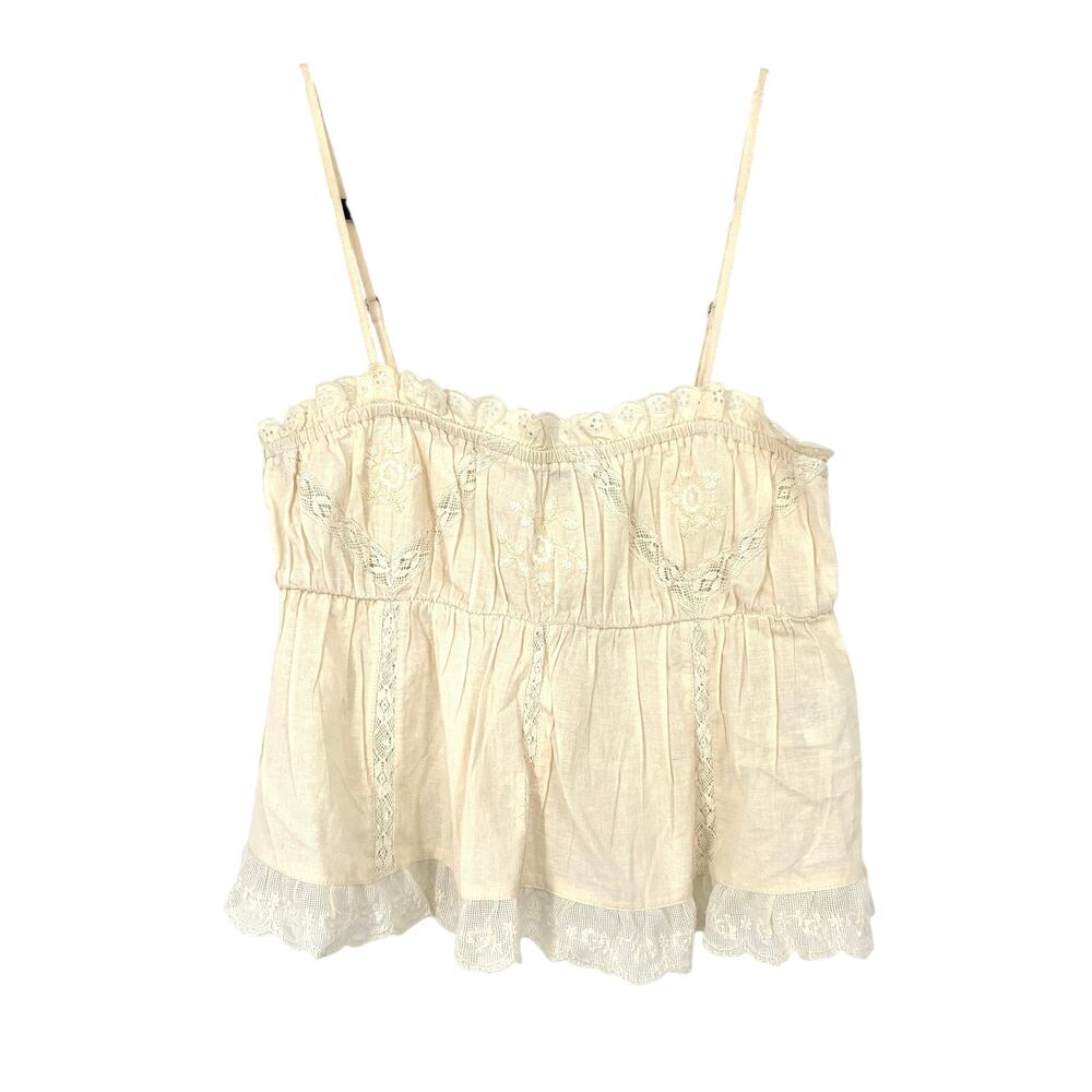 Zara Womens XS Cream Embroidered Lace Cami Top Boho Cottagecore Ruffle